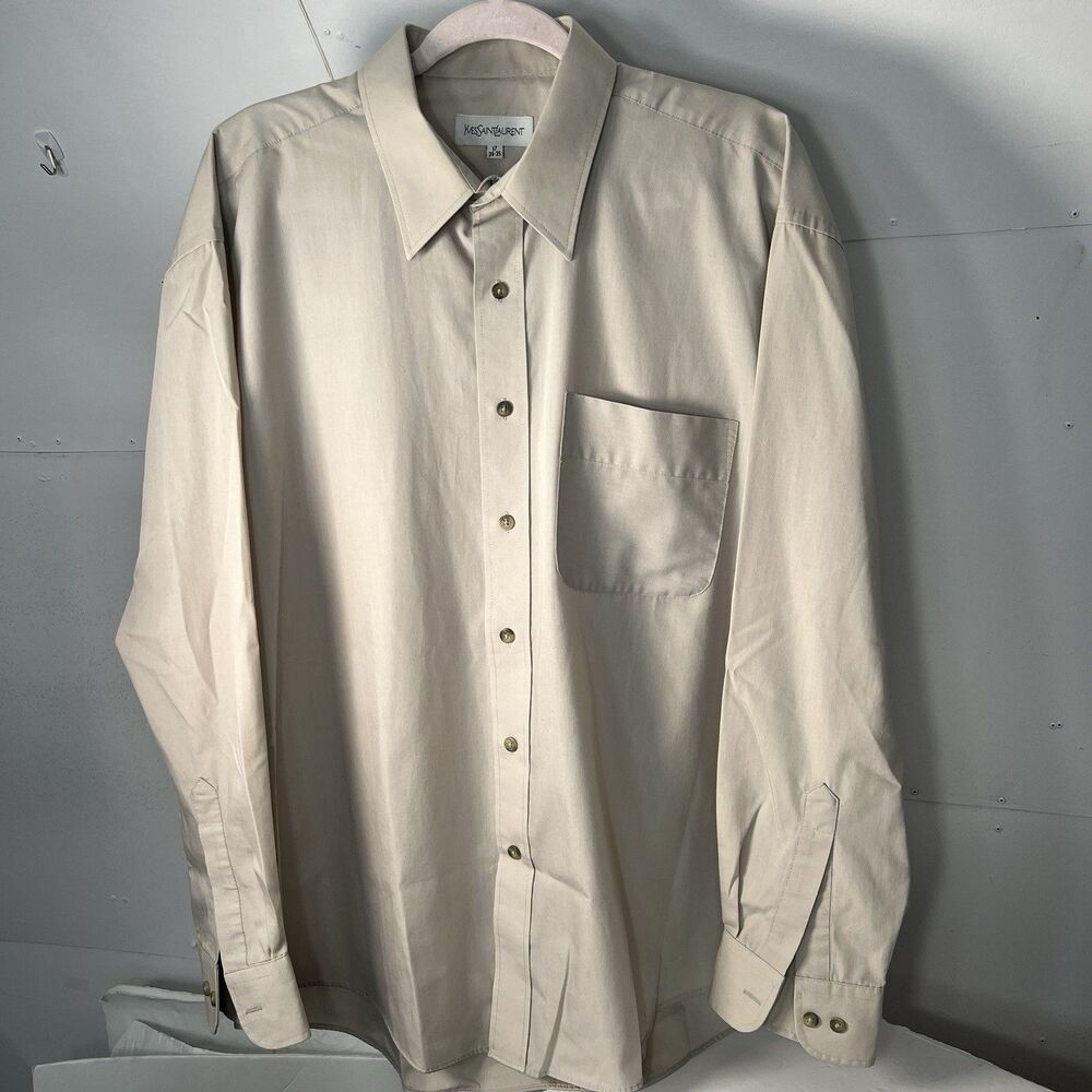 Yves Saint Laurent Dress Shirt Men 17 34-35 Tan Long Sleeve Button Down Pocket